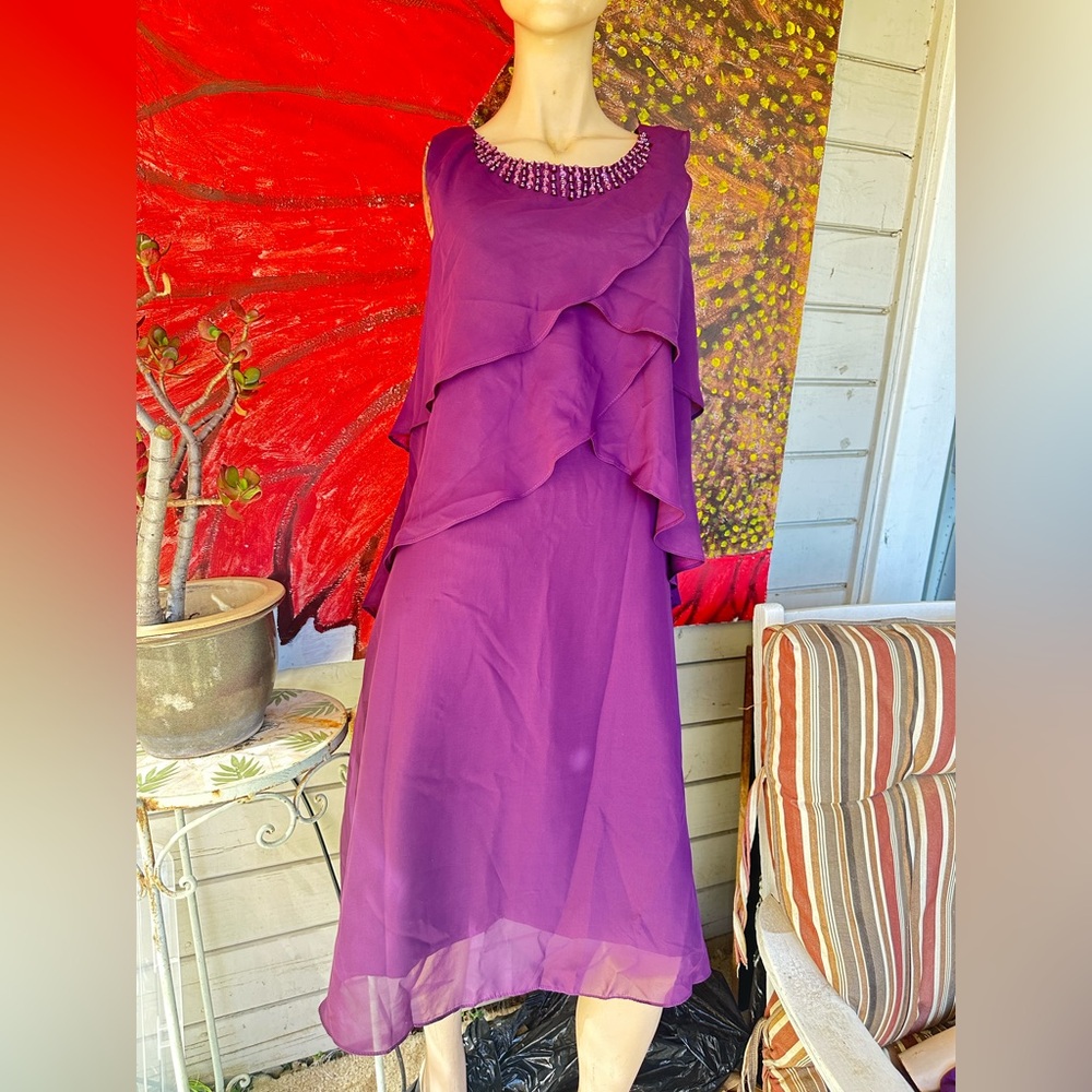 NEW Elegant Purple Layered Sleeveless Dress w/ Beaded Neckline and light jacket